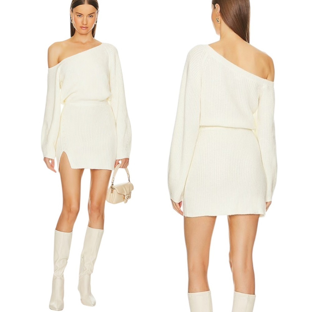 Lovers and Friends Revolve Makya Off Shoulder Sweater Mini Dress in Cream Size S - Picture 2 of 10